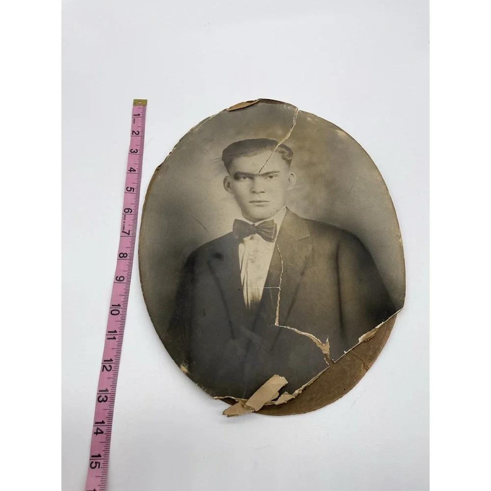 Antique Photo Man In Suit Bowtie, Portrait Oval, 13 x 10 inch, See Pics Damage‎